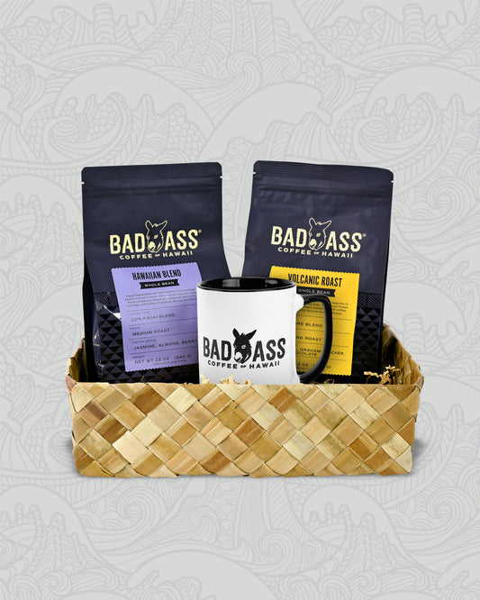 Rise & Shine Gift Basket | Signature Volcanic™, 10% Hawaiian Blend, & Two Tone Mug