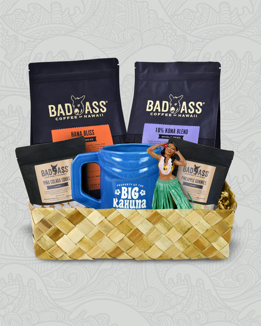 Big Kahuna Gift Basket | Tiki Mug, 10% Kona, Hana Bliss™, Hula Girl and Treats