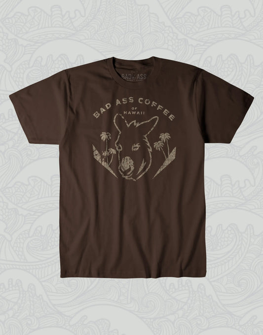 Short Sleeve Shirt: Retro Hawaiian Palms & Bad Ass Coffee of Hawaii Logo - Brown