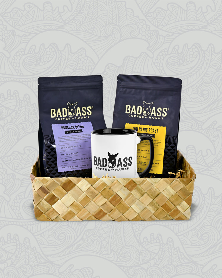 Rise & Shine Gift Basket | Signature Volcanic™, 10% Hawaiian Blend, & Two Tone Mug