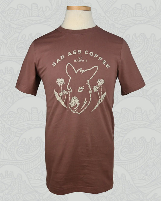 Short Sleeve Shirt: Retro Hawaiian Palms & Bad Ass Coffee of Hawaii Logo - Clay Red