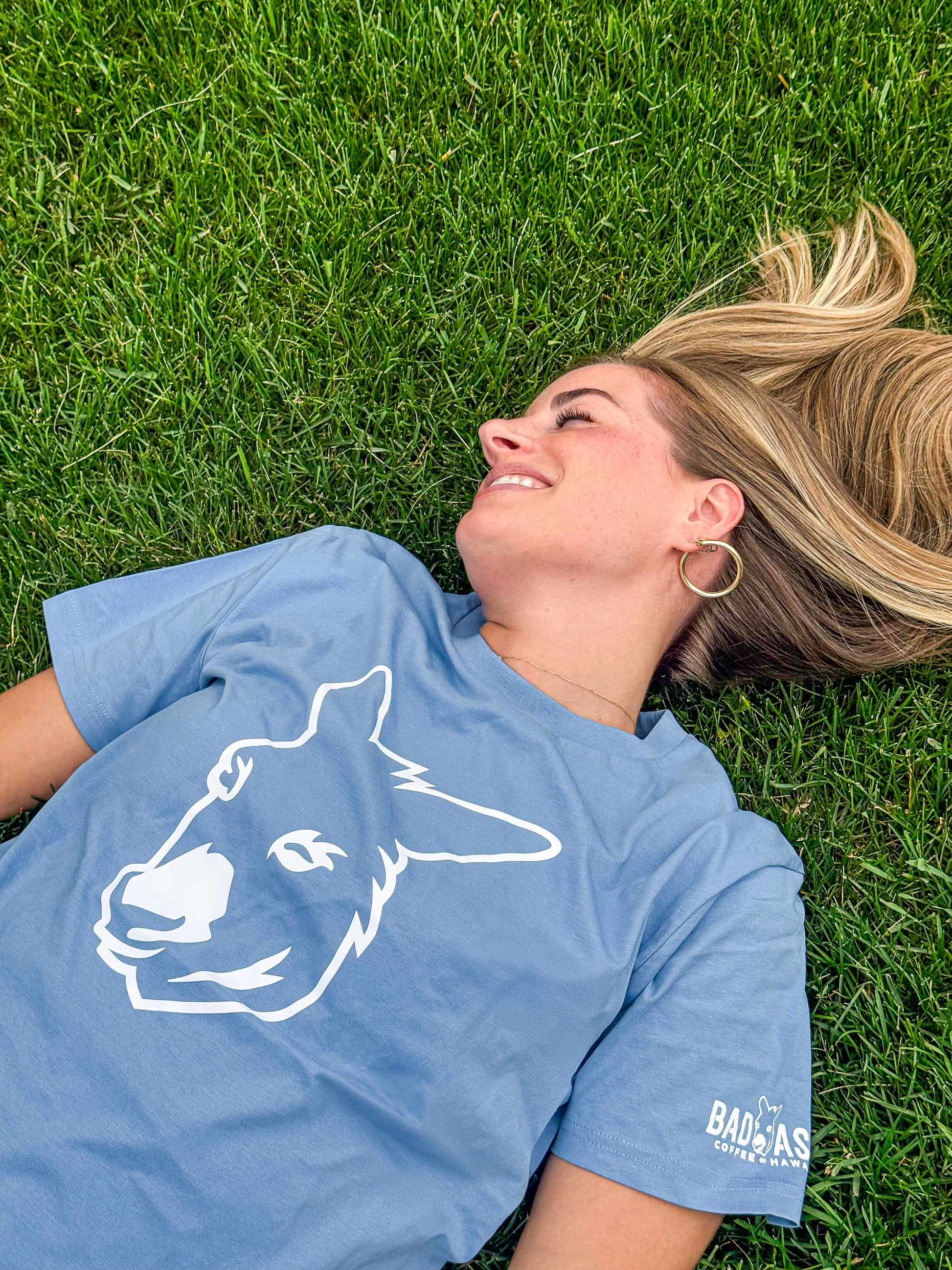 Person wearing a blue t-shirt with a donkey graphic lying on grass