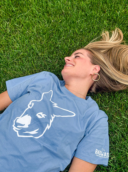 Person wearing a blue t-shirt with a donkey graphic lying on grass