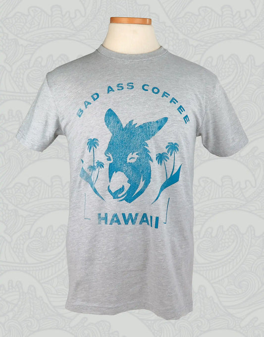 Short Sleeve Shirt: Retro Hawaiian Palms & Bad Ass Coffee of Hawaii Logo - Heather Grey